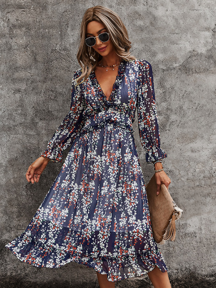 Sexy V-neck Floral Butterfly Sleeves High Waist Casual Print  Midi Dress