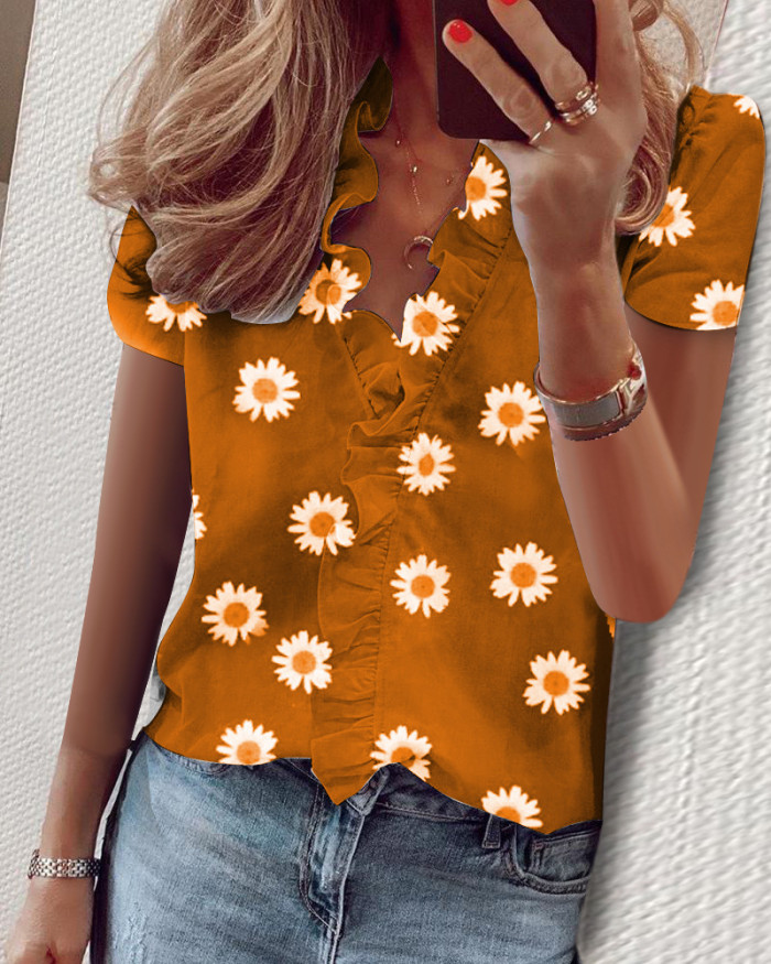 Women's Ruffle Stitching Fashion Printed Casual Loose  Blouses