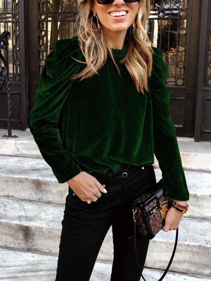 Women Velvet Puff Sleeve Sweatshirt