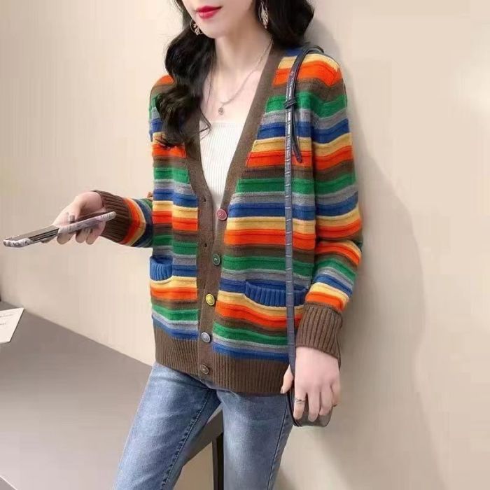 Elegant Multicolor Printed Long Sleeve Casual Pocket Knit Cardigan Sweater