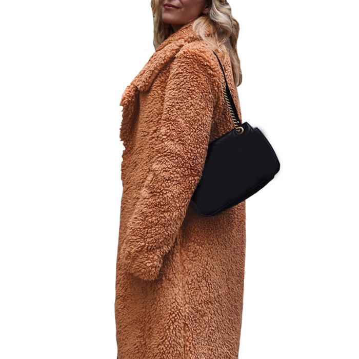 Winter Thickened Wool Warm Solid Color Long Sleeve Faux Fur Lapel Coats