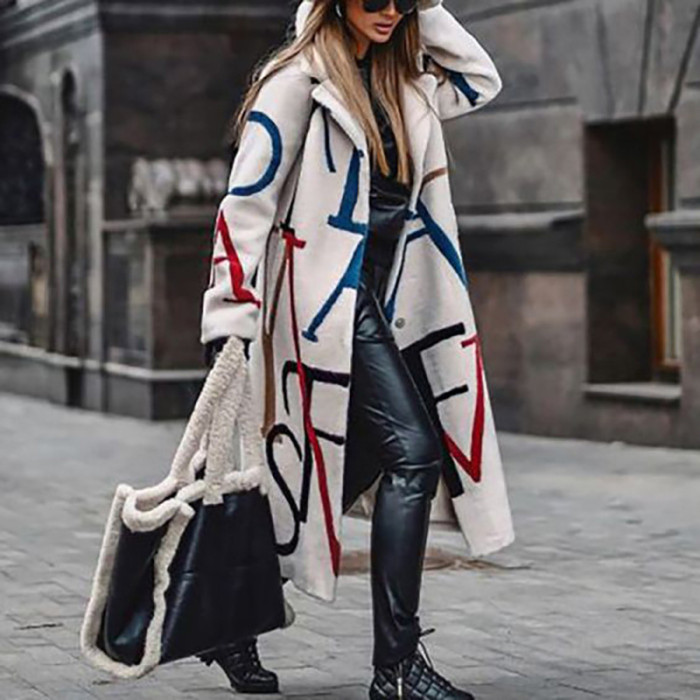 Fashion Print Reversed Top Casual Long Sheepskin Loose Coat