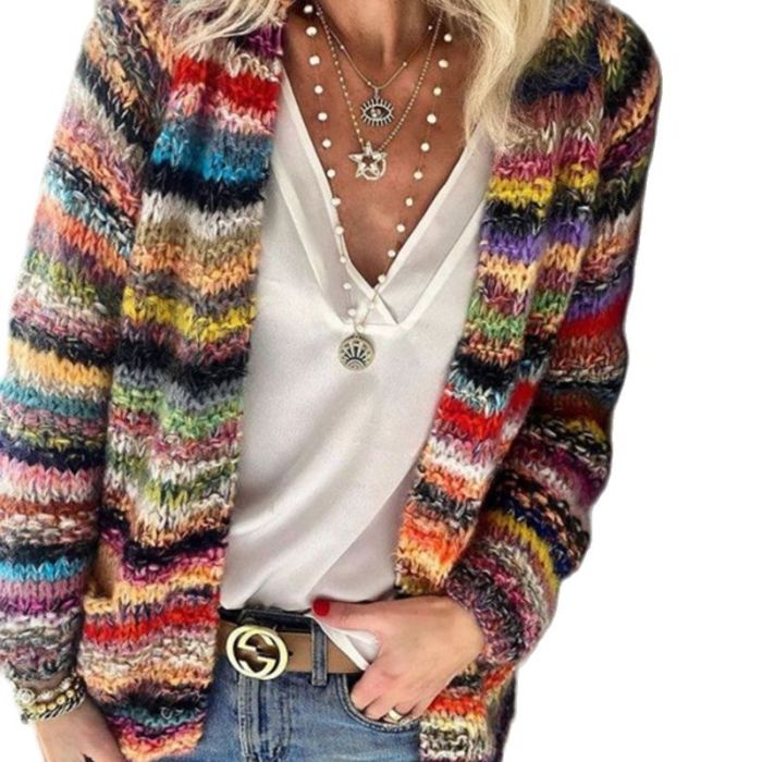 Elegant Multicolor Printed Long Sleeve Casual Pocket Knit Cardigan Sweater