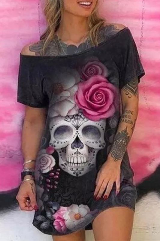 One-Shoulder Skull & Floral Creative Print Loose Vintage Women's T-Shirt