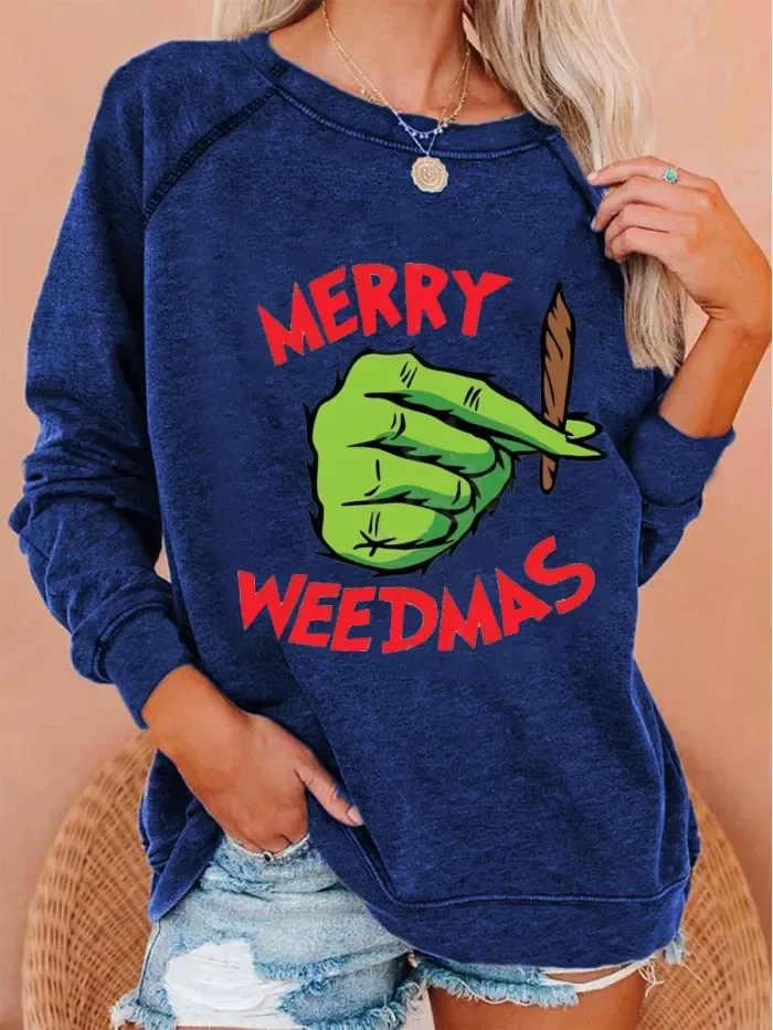 Women's Christmas Merry Weedmas Green Monster Print Sweatshirt