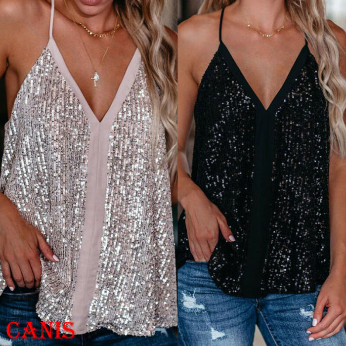 Women's Fashion Sparkling Sequins V Neck Casual  Camisole Top