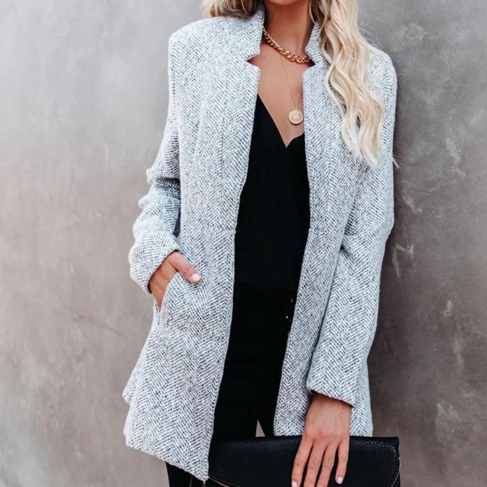Women's Blended Coat Stylish Elegant O Neck Plaid Slim Pocket Jacket