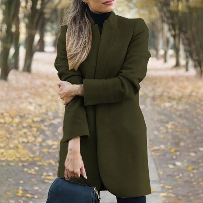 Women Wool Blend Stand Collar Solid Coat