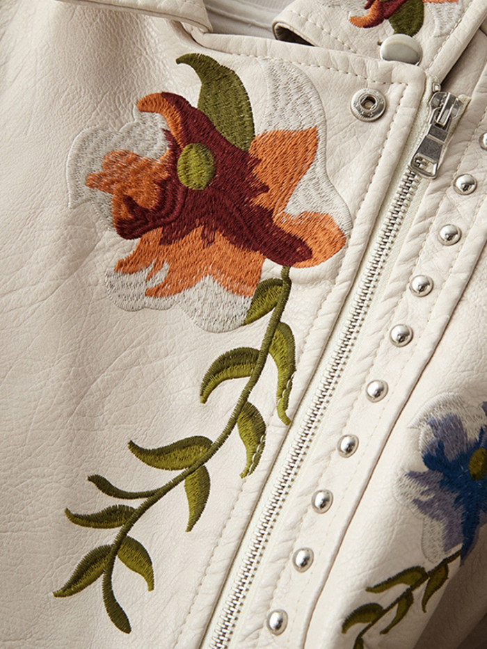 Vintage Floral Print Embroidered Faux Leather Lapel Pu Biker Punk Jacket