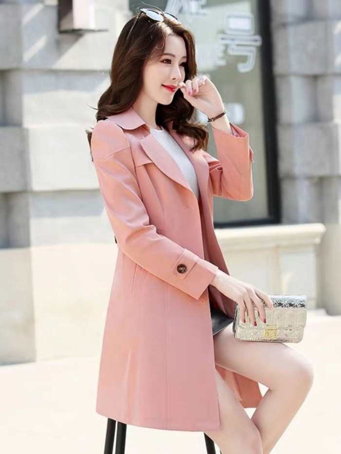 Ladies Fashion Button Slim Solid Color Loose Trench Coat