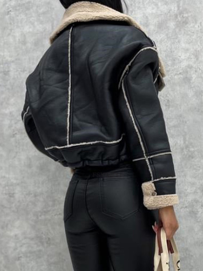 Women Long Sleeve Patchwork Zipper Turn-Down Collar Outerwear Streetwear Jackets