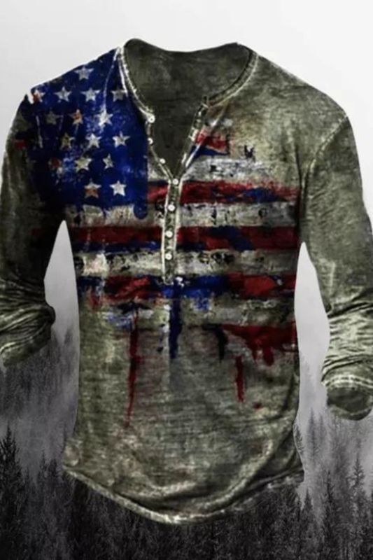 Men's Vintage Freedom Flag Print Comfortable Long Sleeve Henley Shirt