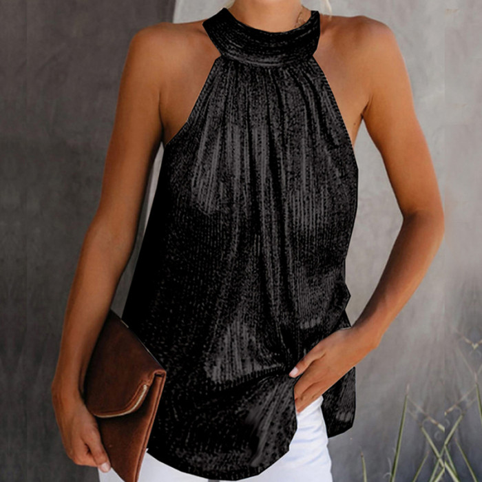Fashion Shiny Halter Vest Casual Solid Color Sleeveless  Blouses