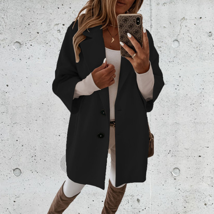 Fashion Button Lapel Pocket Wool Coat Jacket