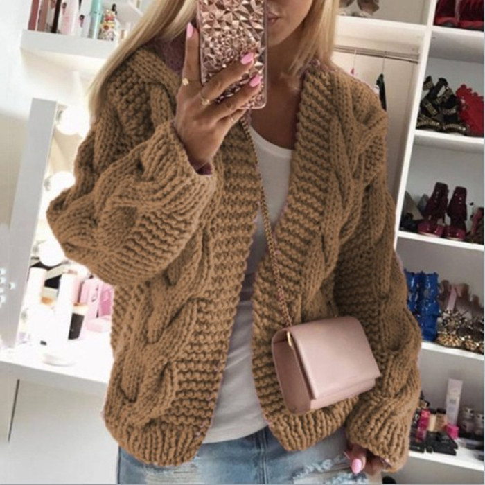 Fashion Retro Twist Sweater Knit Solid Color Slim Long Sleeve Cardigan