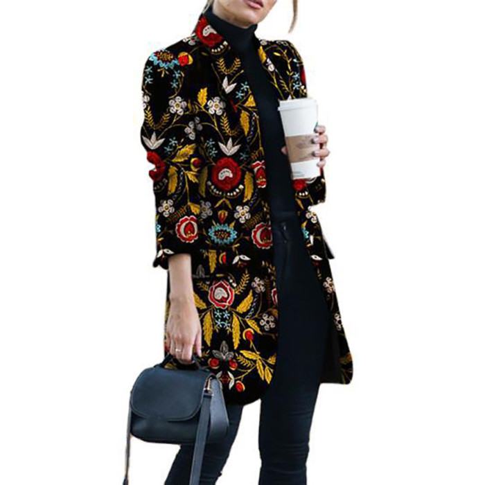 Women Wool Fashion Printed Thick Woolen Mid-Length Coat