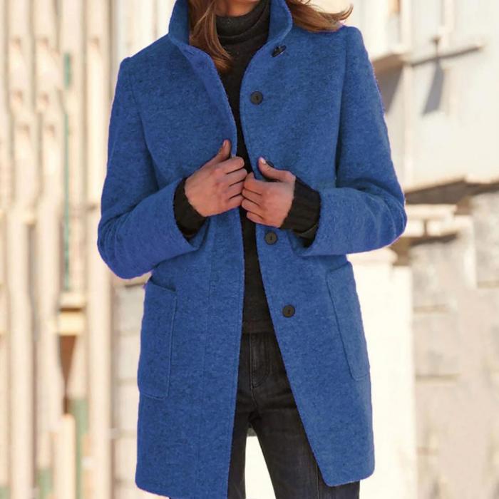 Women's Fashion Coat Stand Collar Solid Color Button Coat