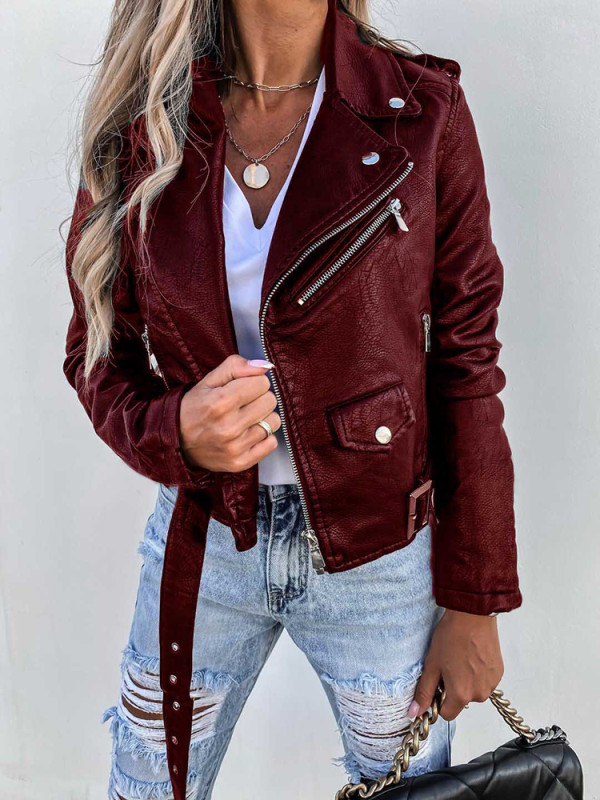 Fashion Slim Fit Women Collar PU Leather Long Sleeve Streetwear Jackets