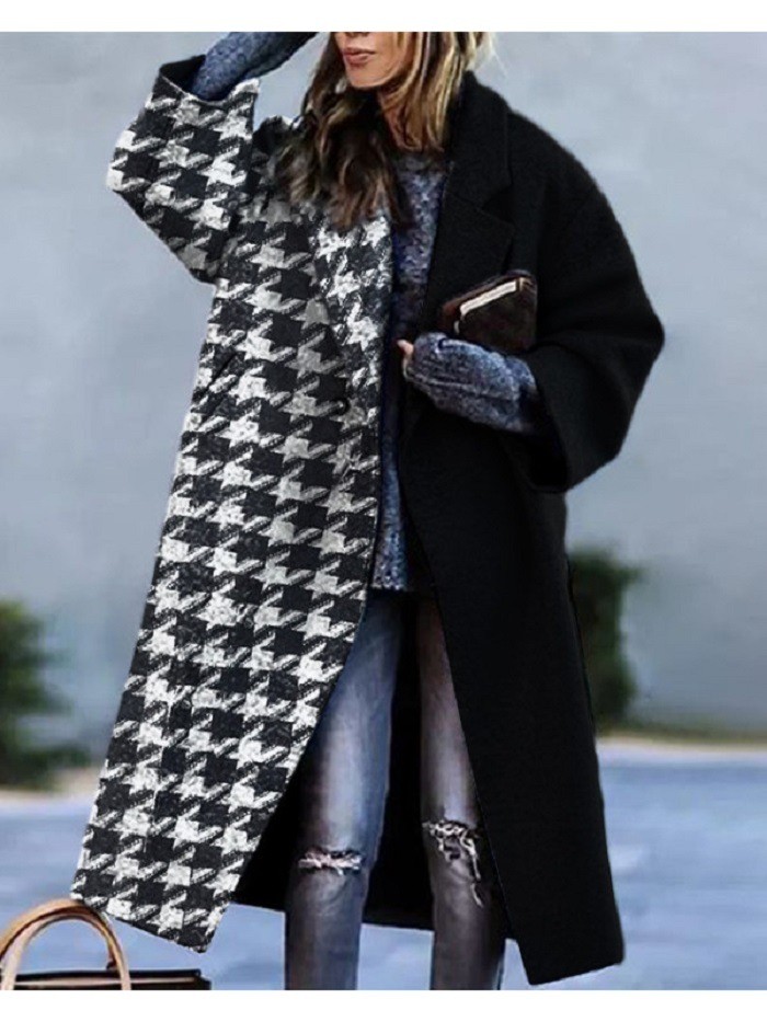 Matching Plaid Lapel Fashion Loose Coat Printed Wool Coat