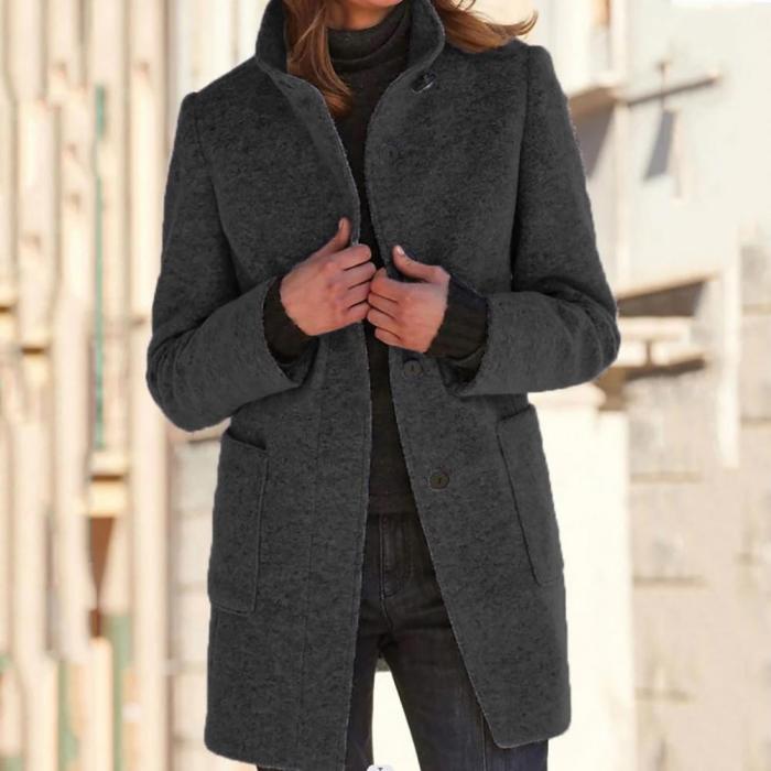 Women's Fashion Coat Stand Collar Solid Color Button Coat