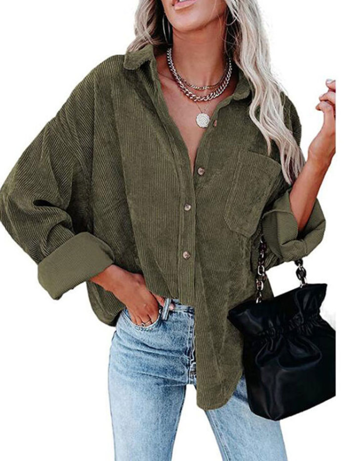 Fashionable Corduroy Shirt Button Solid Color Loose Jacket Shirts