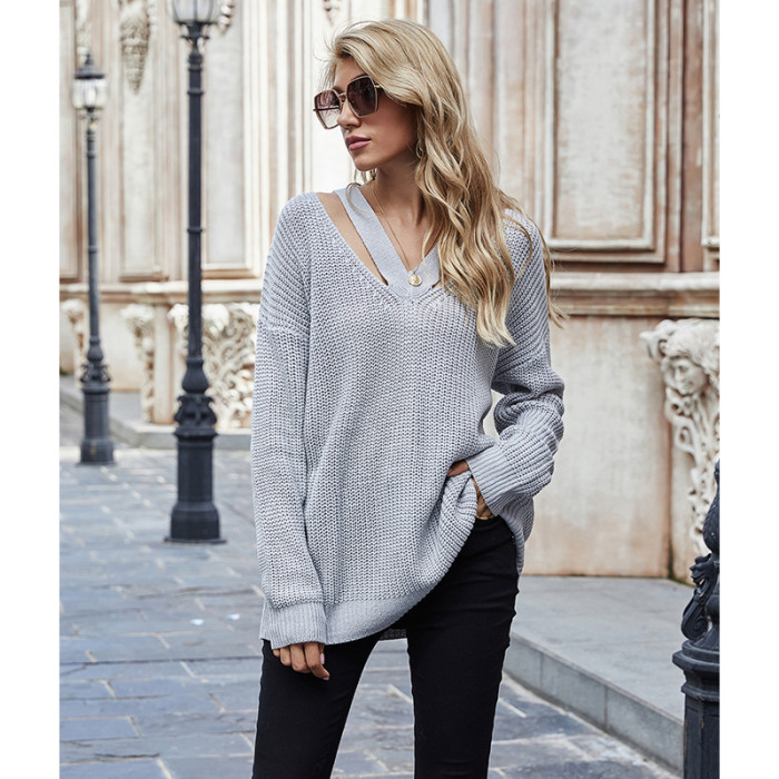 Trendy V Neck Casual Bohemian Oversized Long Sleeve Solid Color Sweater