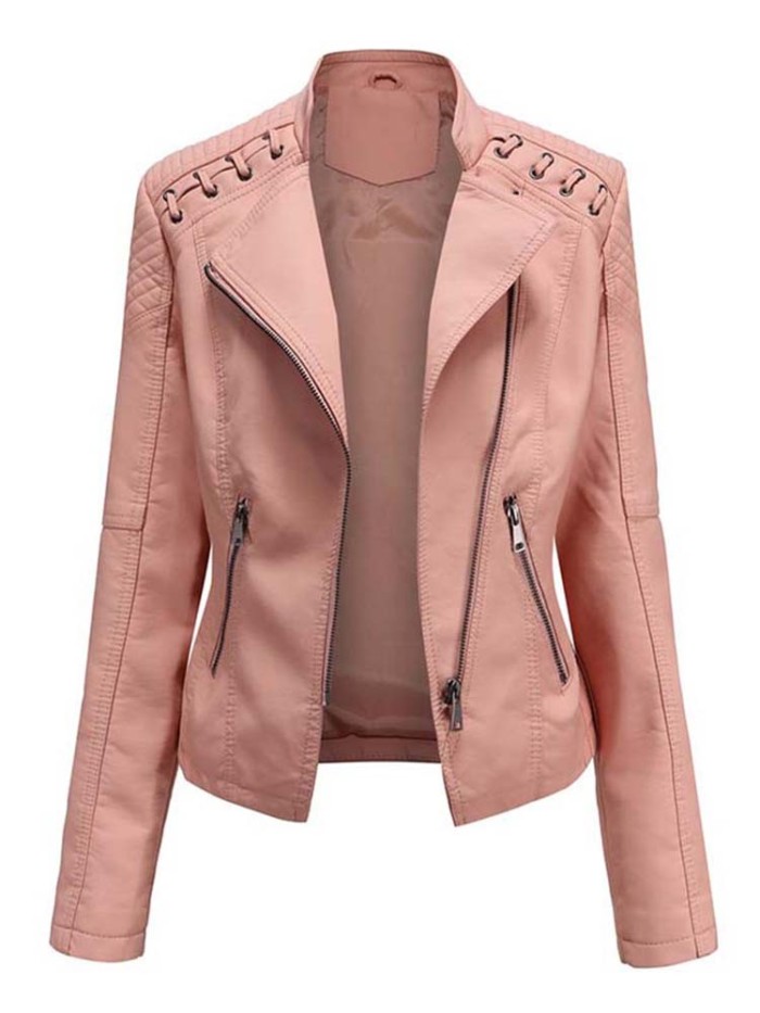 Trendy Pu Faux Leather Long Sleeve Zipper Jacket Top