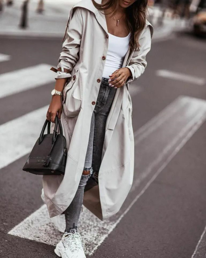 Relaxed Single Breasted Pocket High Street Drawstring Hem Trench Coat