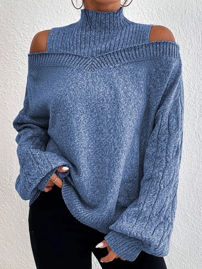 Turtleneck Fashion Strapless Solid Color Hollow Sweater