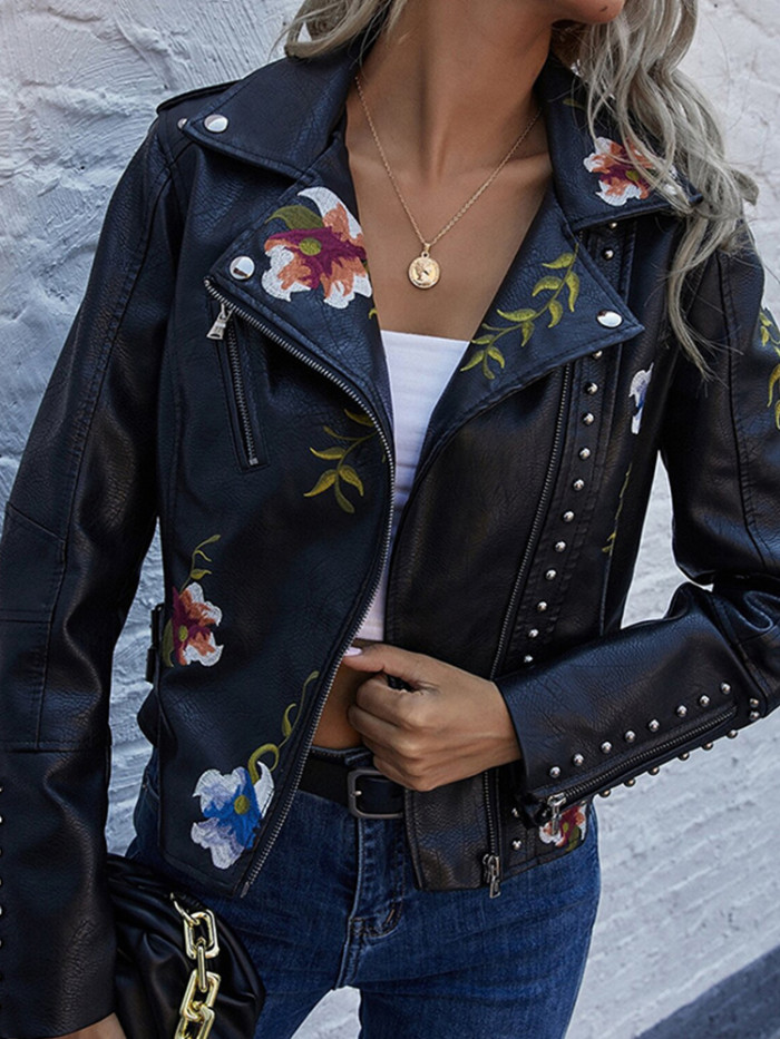 Trendy Floral Print Embroidered Faux Leather Pu Biker Jacket