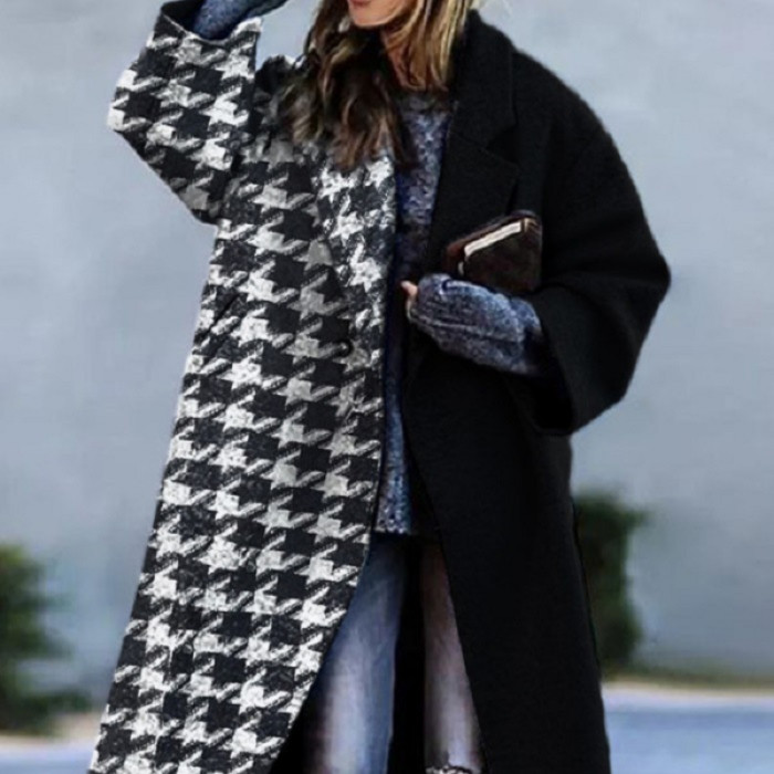 Matching Plaid Lapel Fashion Loose Coat Printed Wool Coat