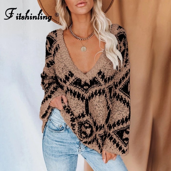 Fashion Casual V Neck Boho Vintage Pullover Knitwear Sweater