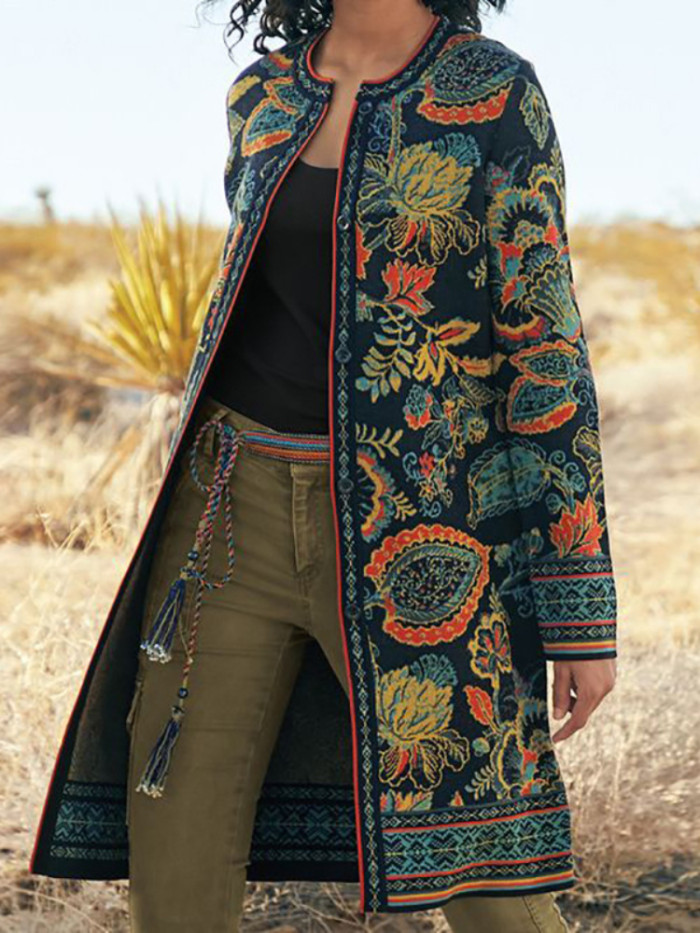 Women Wool Vintage Printed Fashion Long Coat