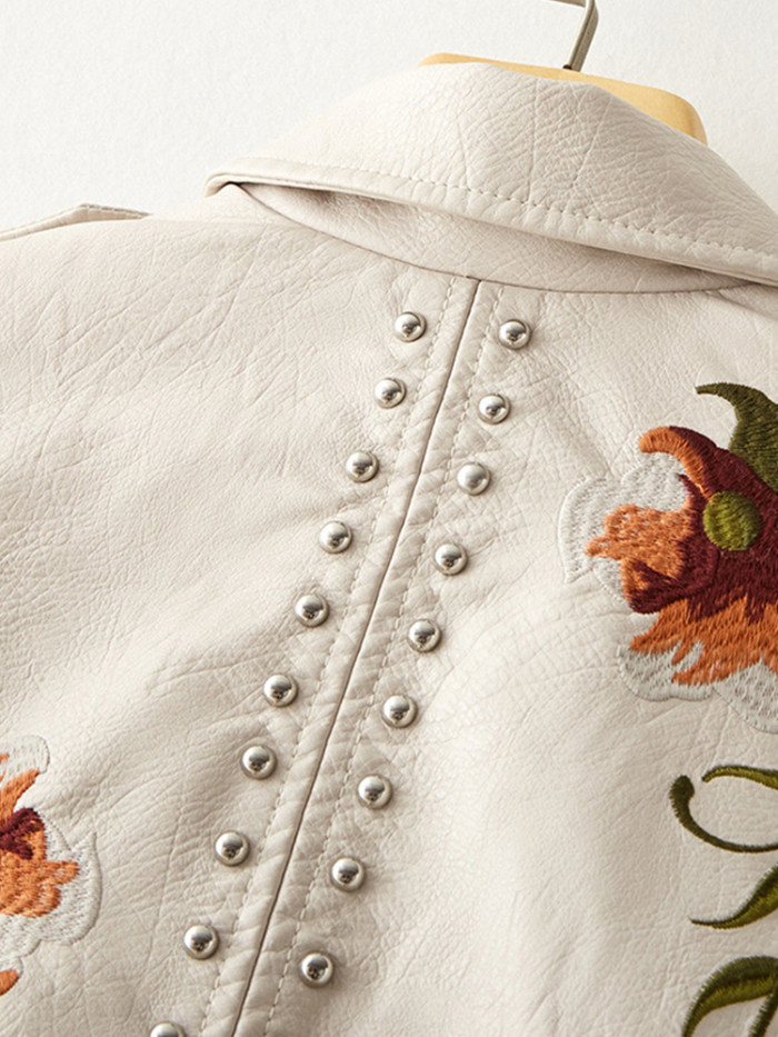 Vintage Floral Print Embroidered Faux Leather Lapel Pu Biker Punk Jacket
