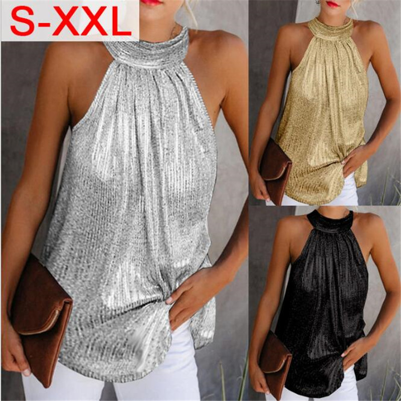 Fashion Shiny Halter Vest Casual Solid Color Sleeveless  Blouses