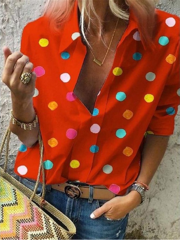 Fashion Polka Dot Women's Lapel Long Sleeve Street  Blouses