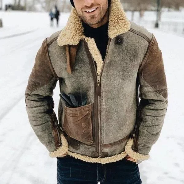 Men's Winter Vintage Warm Pocket Fleece Fur All-in-One Jacket