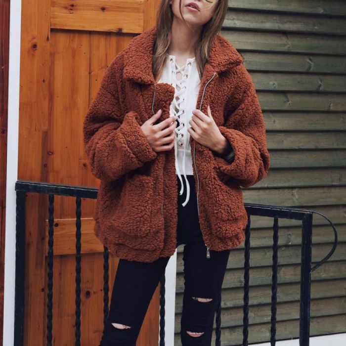 Autumn Winter Faux Fur Coat Women Khaki Casual Warm Soft Zipper Fur Jacket