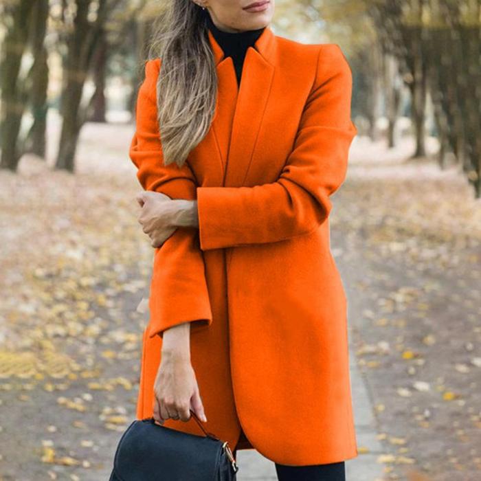 Women Wool Blend Stand Collar Solid Coat