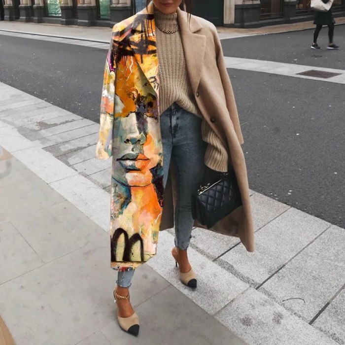 Fashion Loose Lapel Printed Long-sleeved Jacket Long Wool Coat