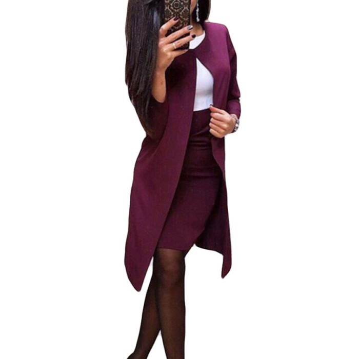 Lady Solid Color Long Blazer Jacket Bodycon Skirt Suit Set