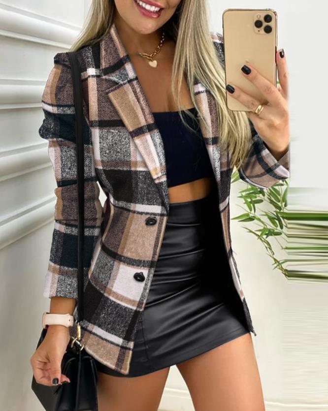 Ladies Fashionable Casual Plaid Print Long Sleeve Flat Collar  Blazers