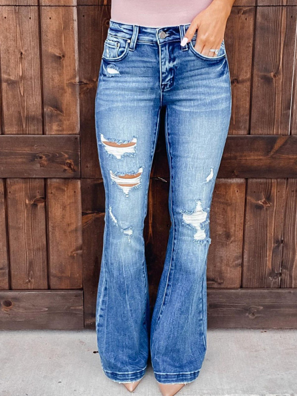 Fashion Mid Rise Distressed Flared Wide Leg Ripped Jeans