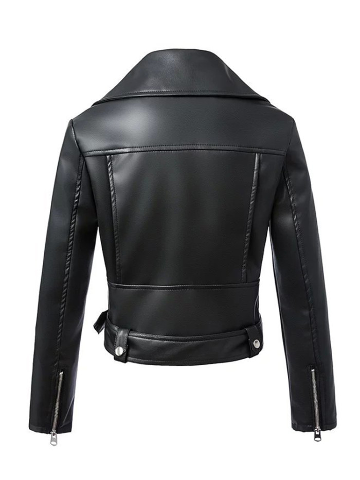 Women's Fashion Black Faux Leather Zipper Lapel Biker Jacket