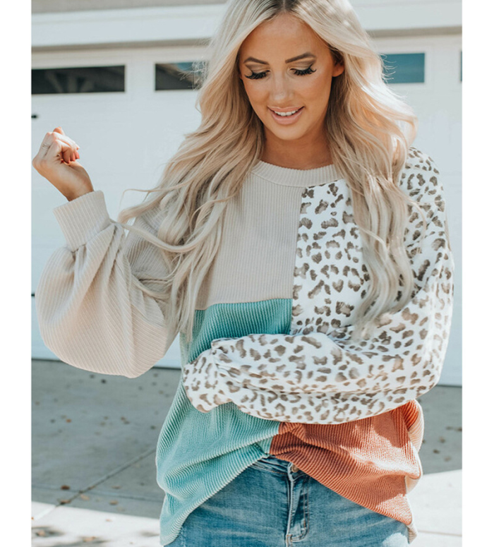 Women O-neck Long Sleeve Casual Vintage Leopard Patchwork Sweatshirts
