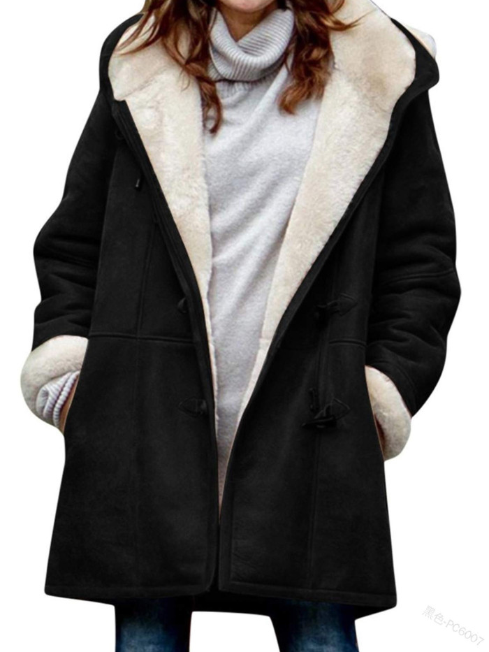 Fashion Parker Hooded Solid Color Flare Button Fashion Casual  Coats Outerwear