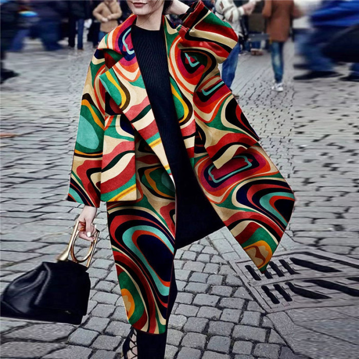 Colorful Print Fashion Loose Design Oversized Elegant Coat