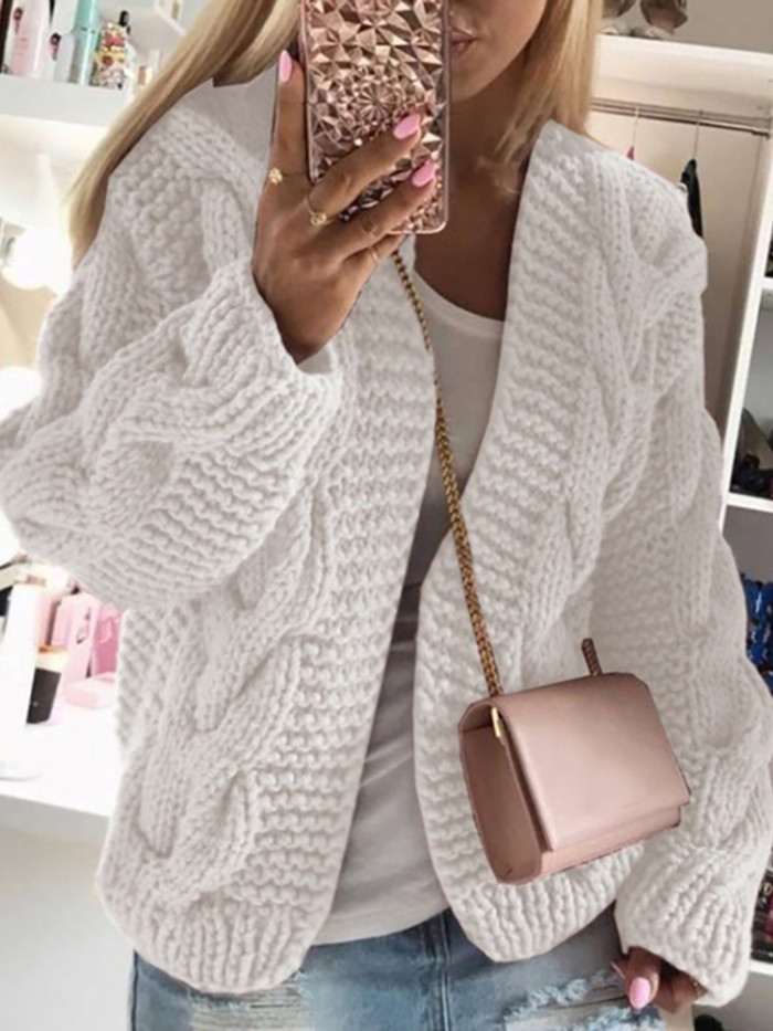 Fashion Retro Twist Sweater Knit Solid Color Slim Long Sleeve Cardigan