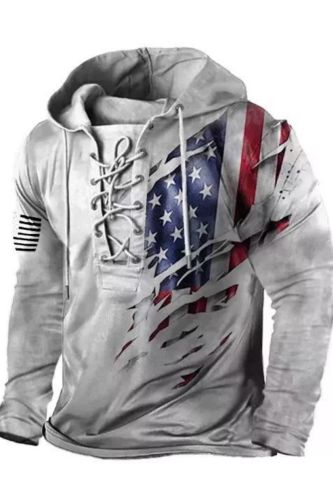 Mens Vintage American Flag Print Lace-Up Hooded Sweatshirt