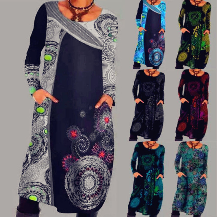 Loose Retro Ruffle Large Print Full Sleeve Bohemian Casual Pocket Midi Dress